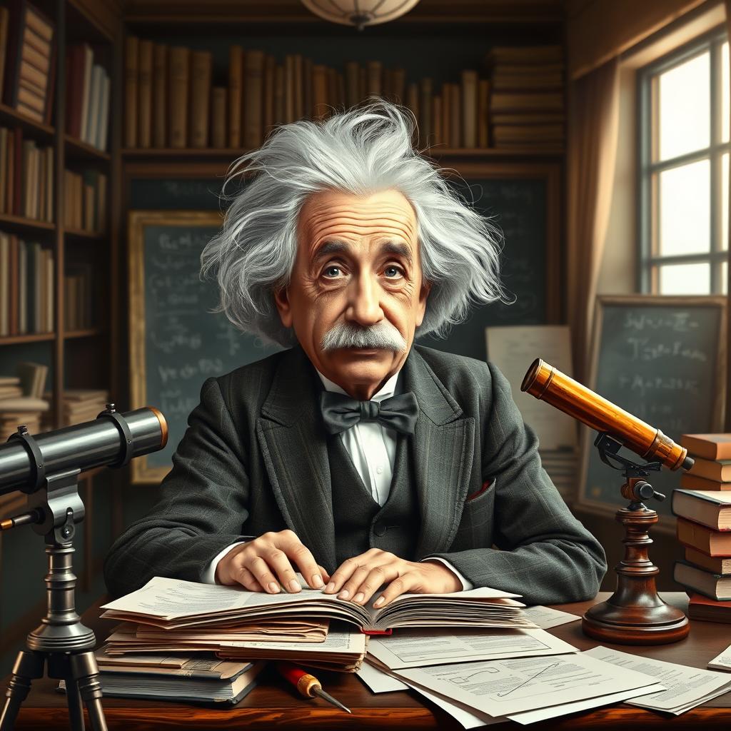 A portrait of Albert Einstein, showcasing his iconic look with wild, unruly hair and a thoughtful expression
