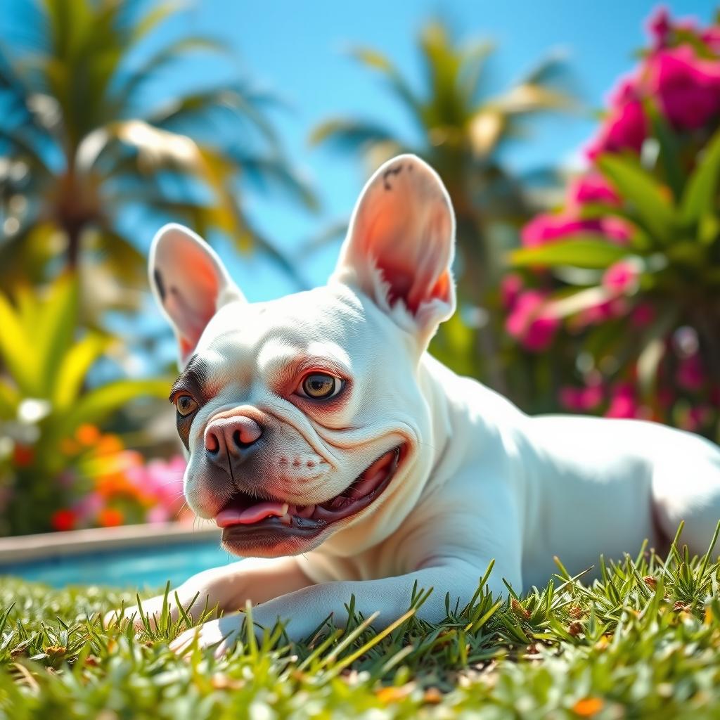 A white French Bulldog with a distinctive black spot on its left eye, comfortably lounging in a paradise setting