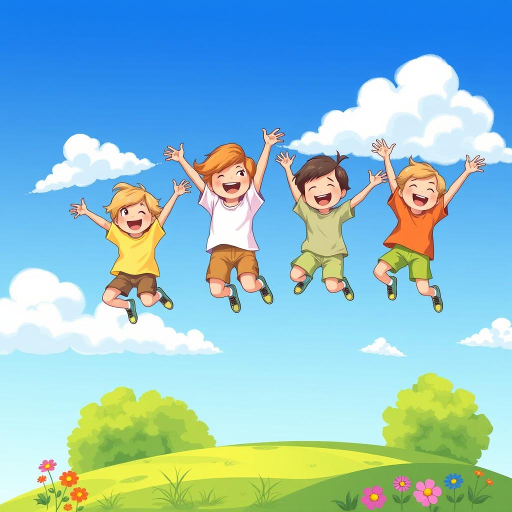 An illustration of a cheerful child in mid-air, jumping joyfully five times on a sunny day