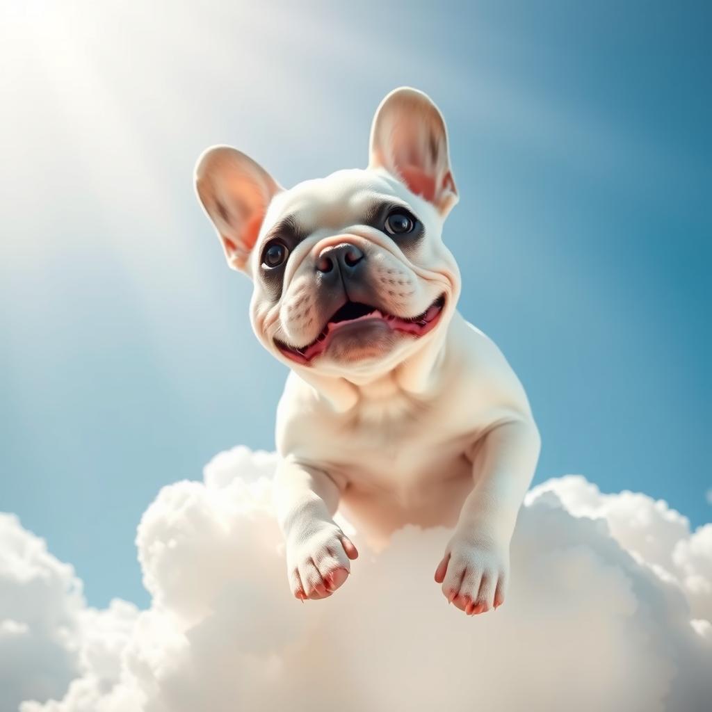 A white French Bulldog with a distinct black spot on its left eye, playfully floating among fluffy, white clouds in a bright blue sky