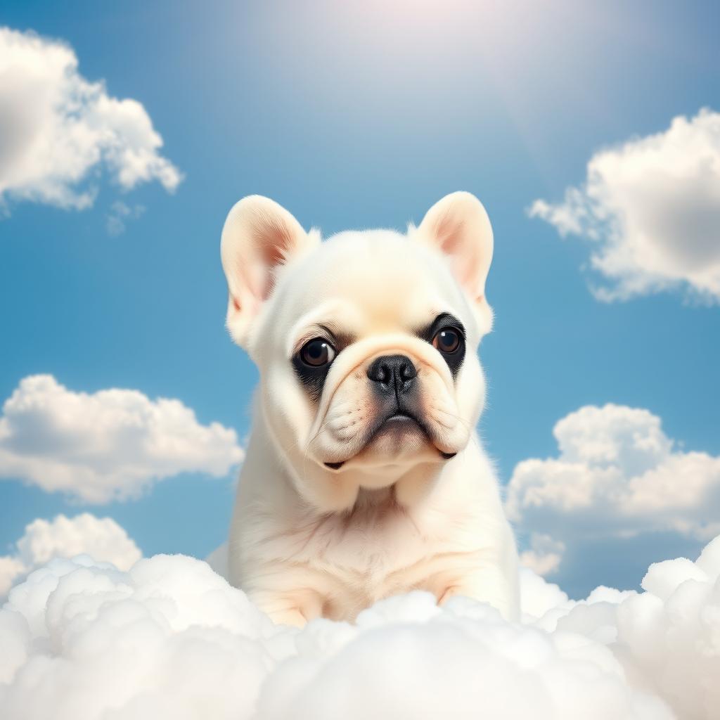 A fluffy white French Bulldog with a distinctive black spot over its left eye, sitting calmly amidst soft and fluffy clouds in a bright blue sky filled with gentle sunlight