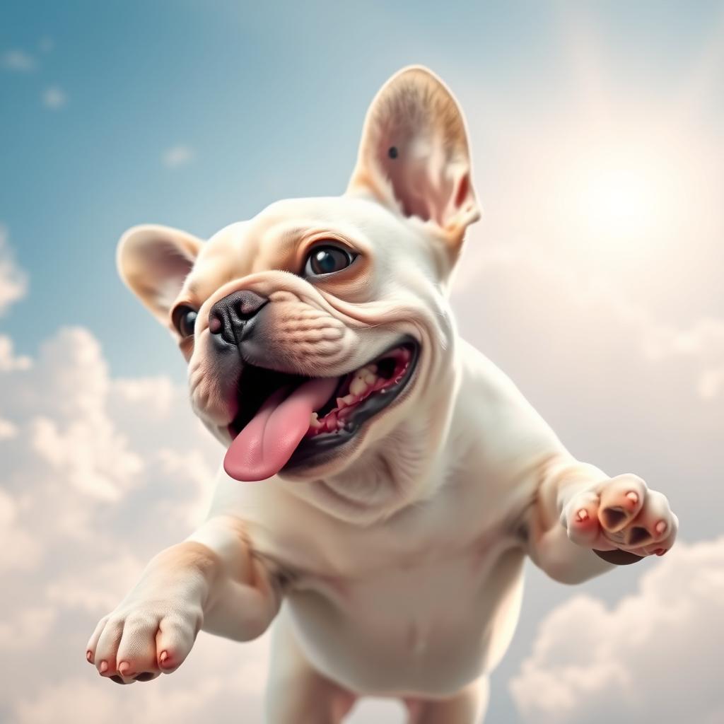 A white French Bulldog with a distinctive black spot on its left eye, playfully hovering in a dreamy sky