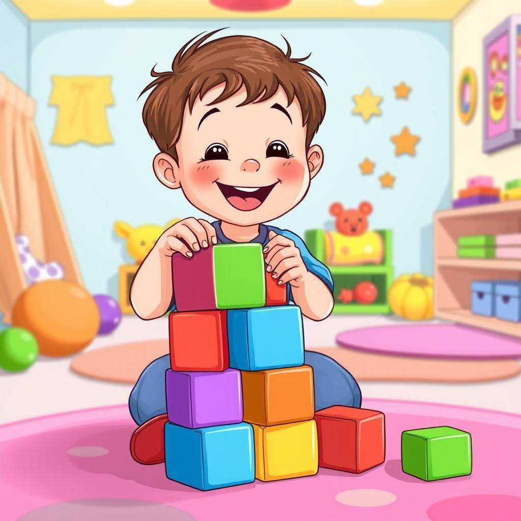 An illustration of a cheerful child stacking colorful blocks in an engaging playroom