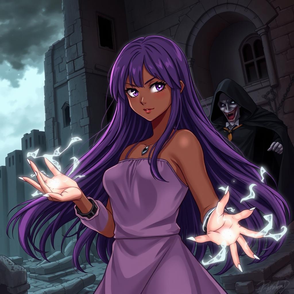 An anime-style illustration of a beautiful brown-skinned girl with long flowing purple hair, displaying magical energy around her hands