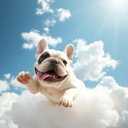 A charming white French Bulldog with a distinctive black spot over its left eye, playfully floating among fluffy clouds in a bright blue sky
