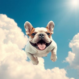 A charming white French Bulldog with a distinctive black spot over its left eye, playfully floating among fluffy clouds in a bright blue sky