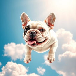 A charming white French Bulldog with a distinctive black spot over its left eye, playfully floating among fluffy clouds in a bright blue sky