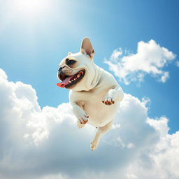A charming white French Bulldog with a distinctive black spot over its left eye, playfully floating among fluffy clouds in a bright blue sky
