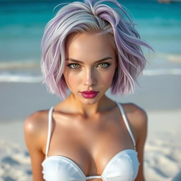 A full body view of an alluring European girl with porcelain white skin and short white-purple hair