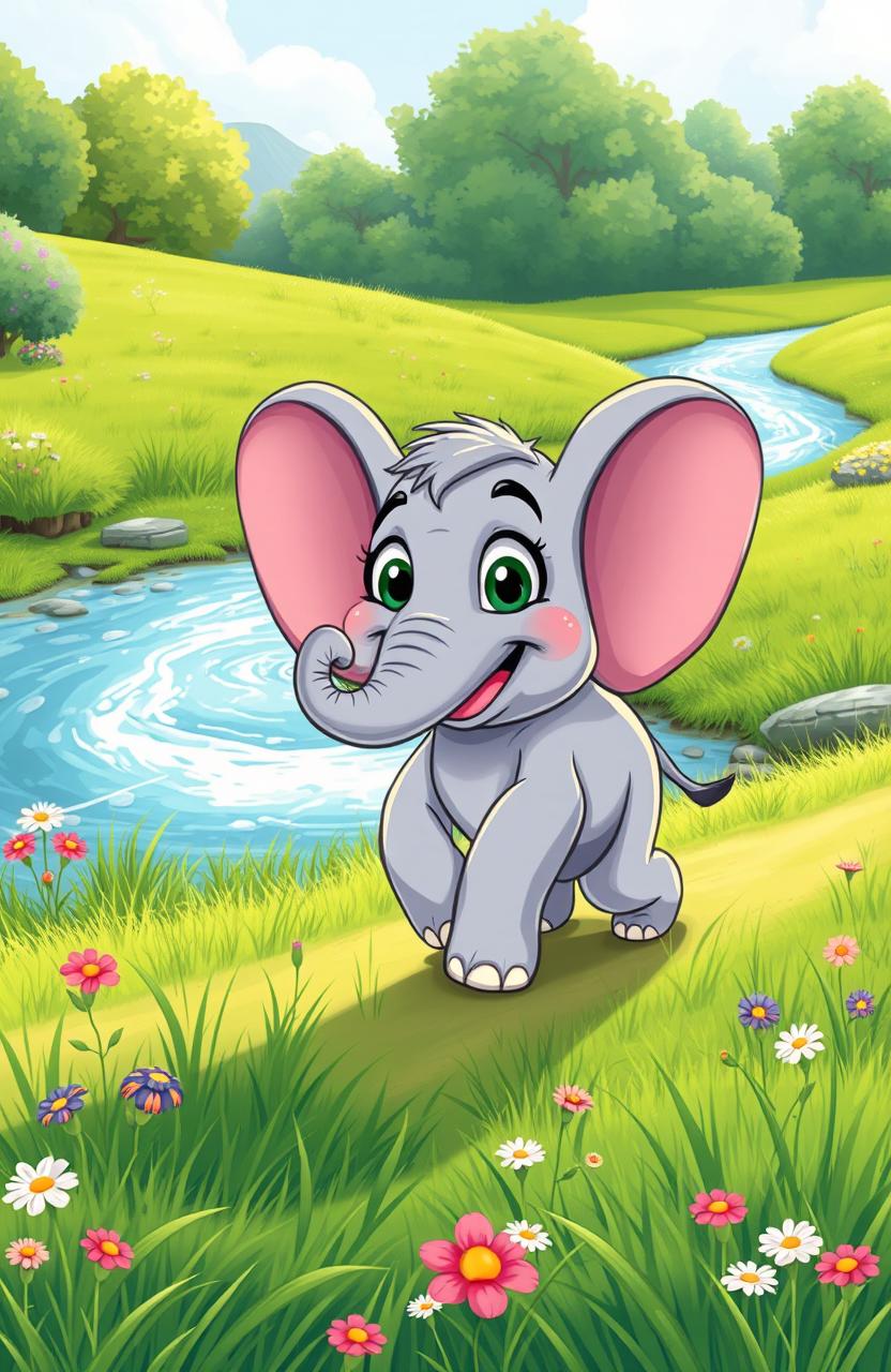 A cartoon-style illustration of Elly the elephant joyfully walking across a vibrant green meadow, surrounded by lush grass and a sparkling river flowing nearby