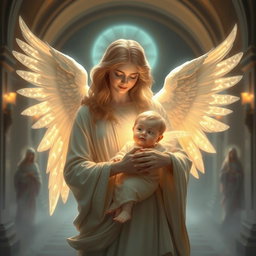 A magnificent spiritual scene featuring a luminous angel with glowing wings, cradling a radiant child wrapped in delicate cloth