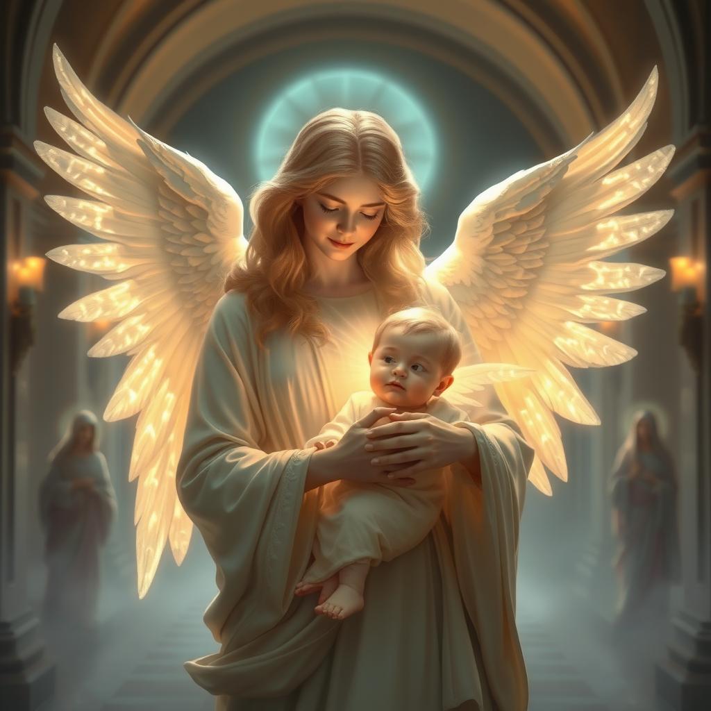 A magnificent spiritual scene featuring a luminous angel with glowing wings, cradling a radiant child wrapped in delicate cloth