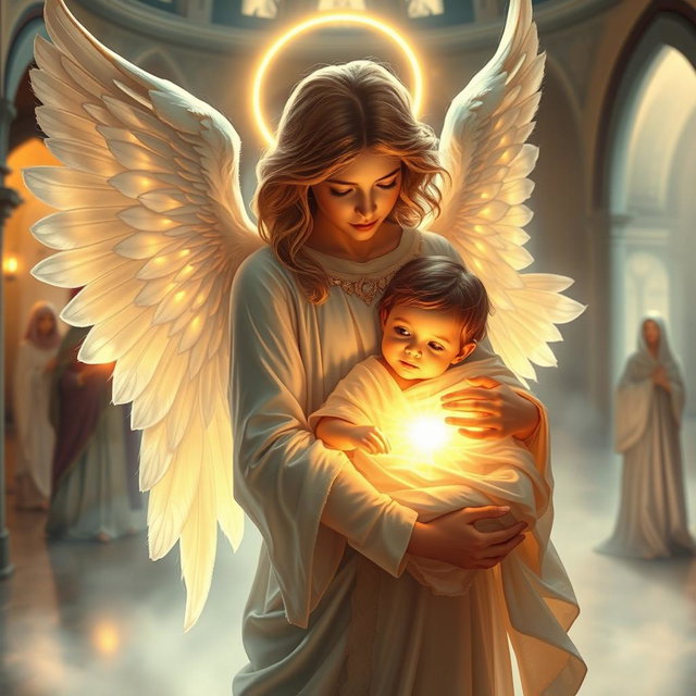 A magnificent spiritual scene featuring a luminous angel with glowing wings, cradling a radiant child wrapped in delicate cloth