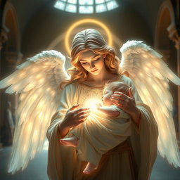 A magnificent spiritual scene featuring a luminous angel with glowing wings, cradling a radiant child wrapped in delicate cloth