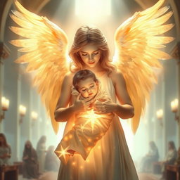 A magnificent spiritual scene featuring a luminous angel with glowing wings, cradling a radiant child wrapped in delicate cloth