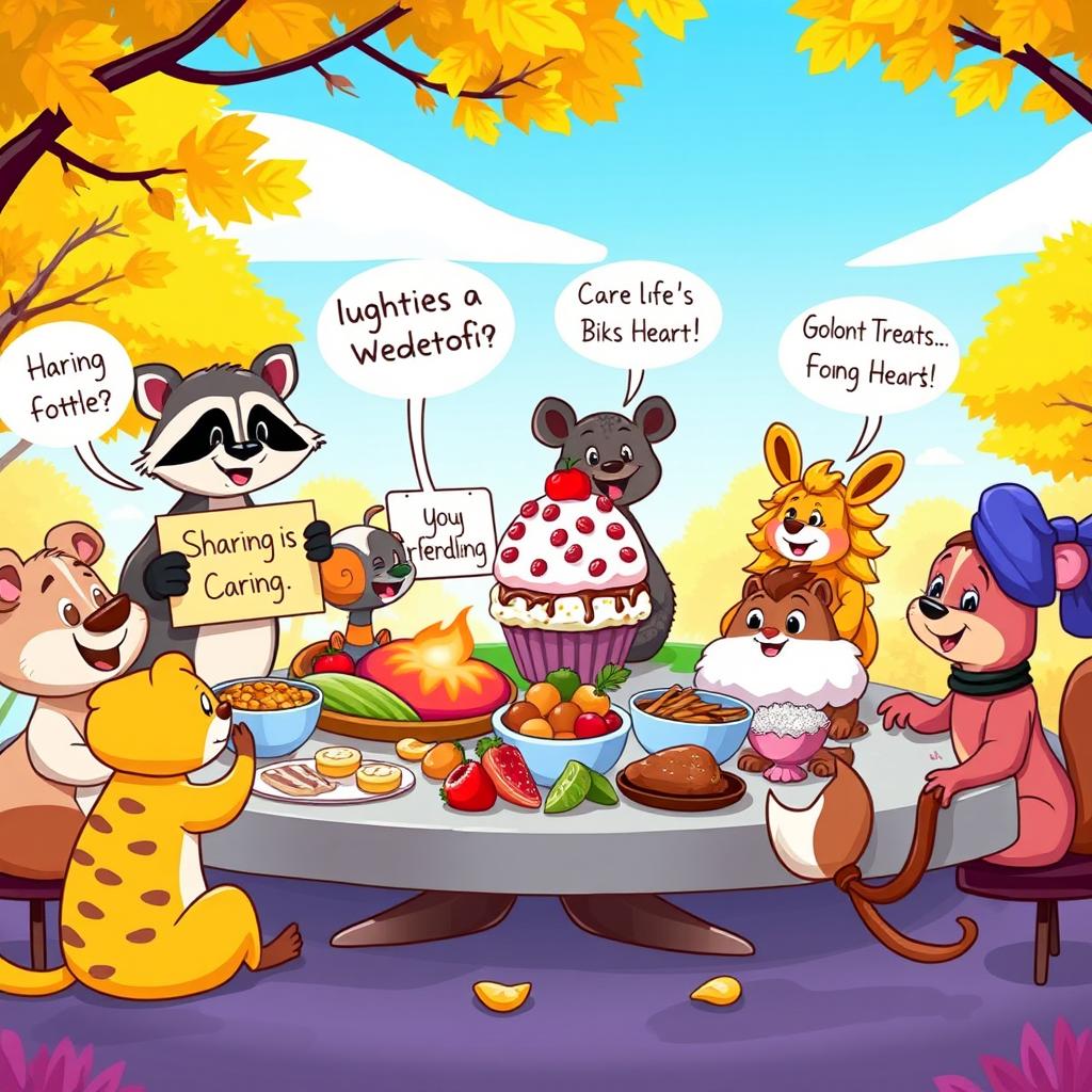 A whimsical cartoon scene depicting a group of diverse and playful animal characters gathered around a giant, colorful table filled with various foods representing different cultures