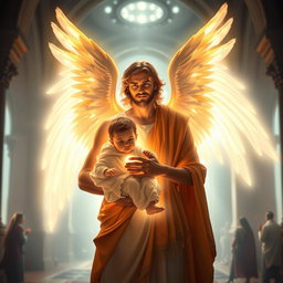 A breathtaking spiritual scene depicting a glowing male figure, resembling an angel, with magnificent wings, holding a luminous child wrapped in cloth