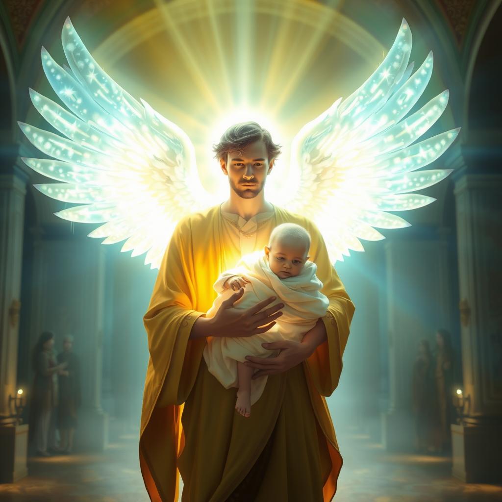 A breathtaking spiritual scene depicting a glowing male figure, resembling an angel, with magnificent wings, holding a luminous child wrapped in cloth