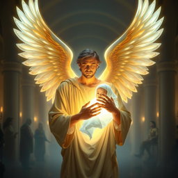 A breathtaking spiritual scene depicting a glowing male figure, resembling an angel, with magnificent wings, holding a luminous child wrapped in cloth