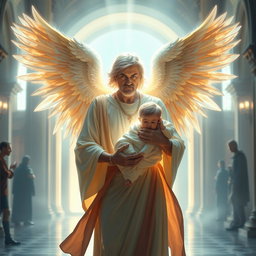 A breathtaking spiritual scene depicting a glowing male figure, resembling an angel, with magnificent wings, holding a luminous child wrapped in cloth