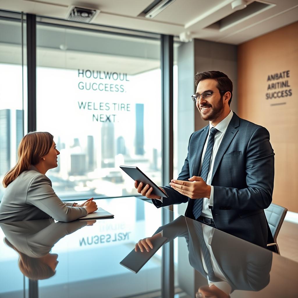A professional sales representative in a modern office setting, displaying a confident and approachable demeanor