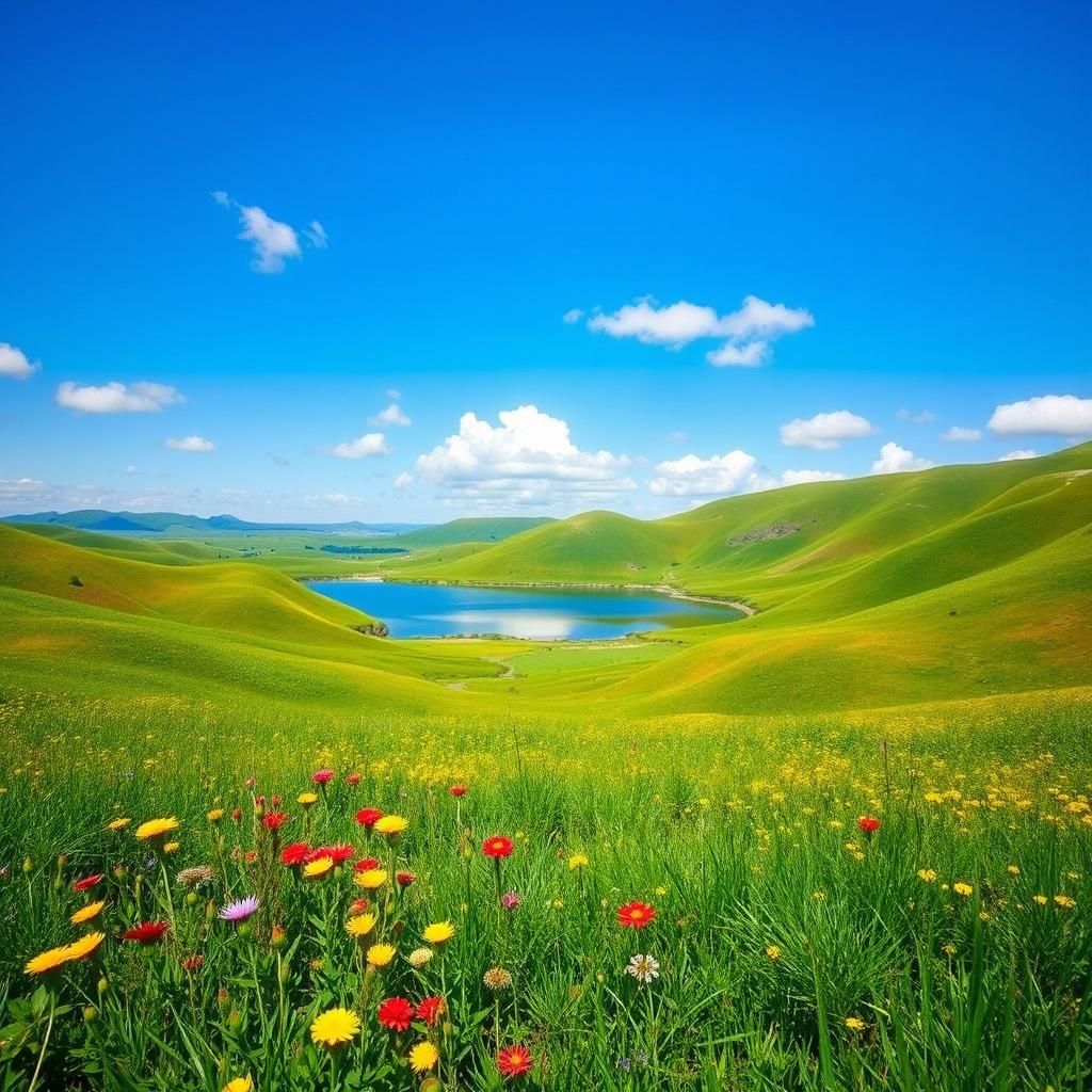 A serene landscape background featuring rolling hills covered in vibrant green grass under a clear blue sky with a few fluffy white clouds scattered around