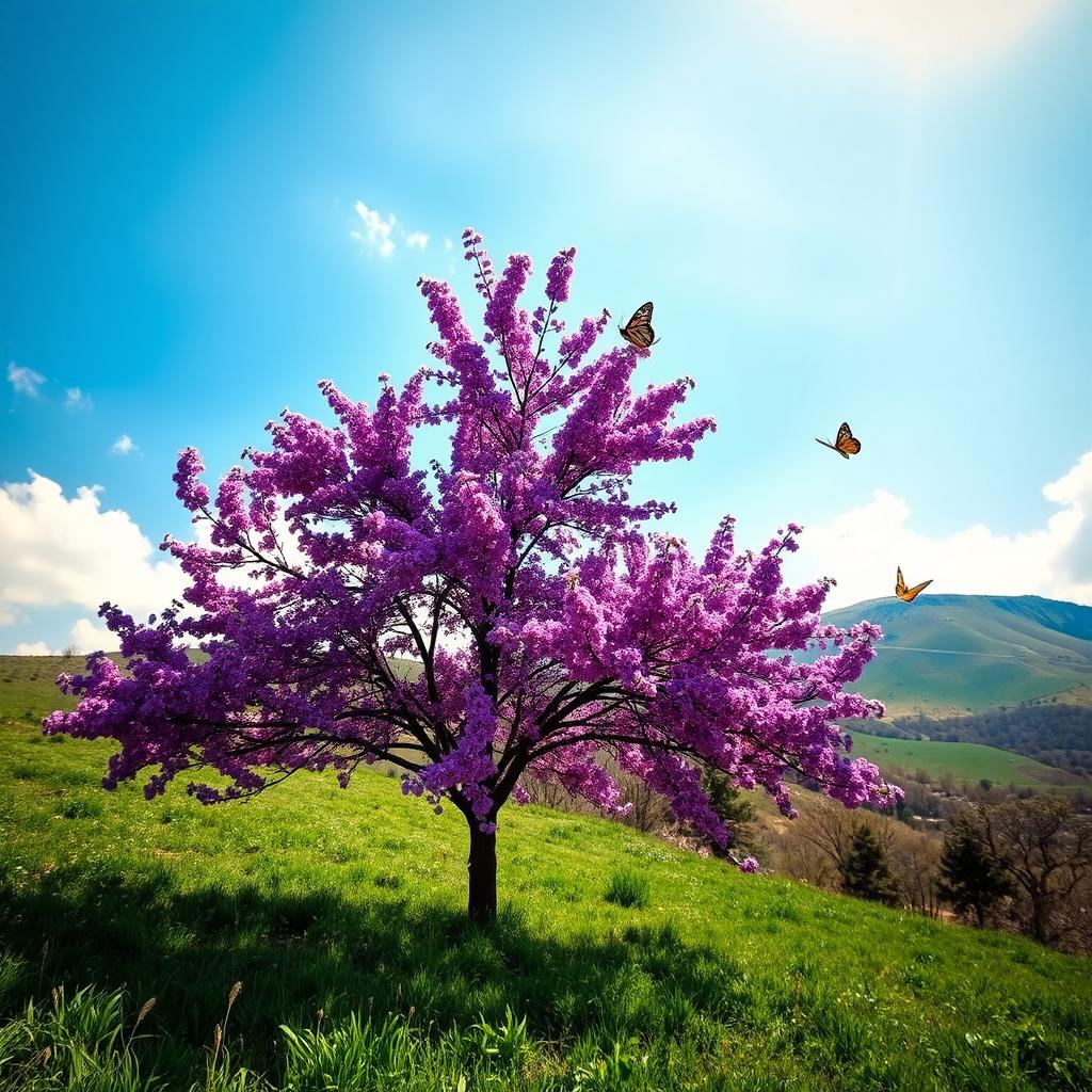A serene landscape featuring a blooming arghawan tree (Persian redbud), showcasing vibrant purple flowers against a bright blue sky