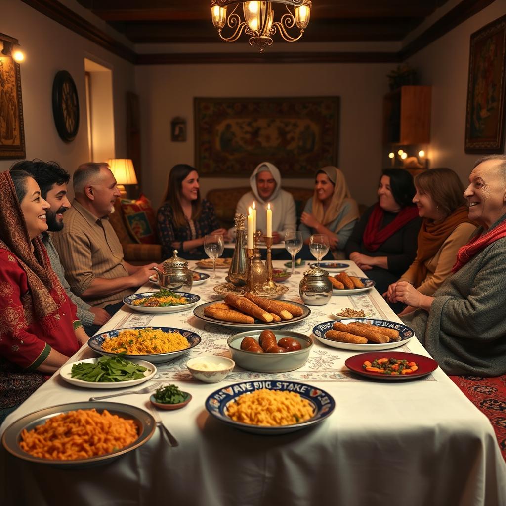 An inviting and cozy scene depicting a traditional Persian Thursday night gathering, featuring a beautifully set dining table with various Persian dishes such as saffron rice, kebabs, and fresh herbs