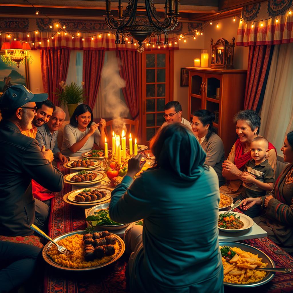 A vibrant and lively scene depicting a traditional Persian gathering on a Wednesday night