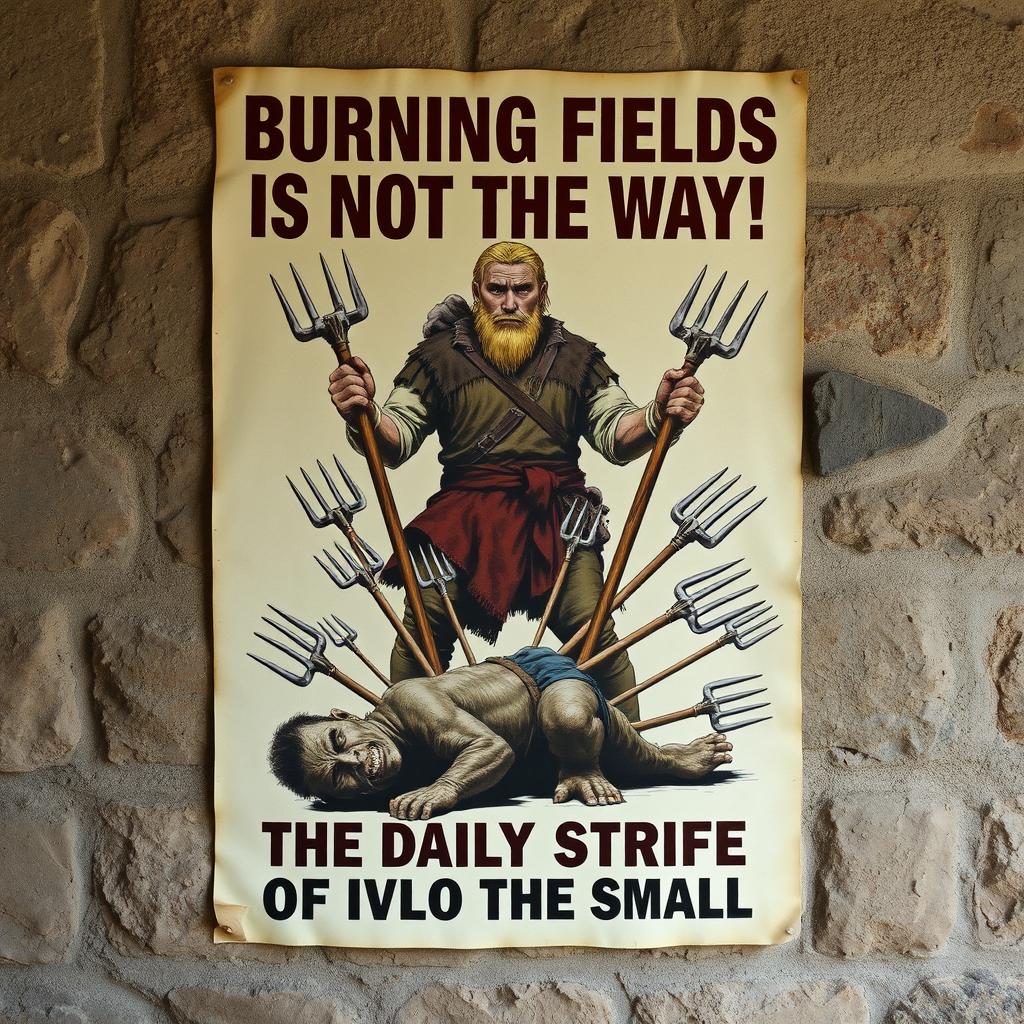 A fantasy propaganda poster on an aged stone wall, featuring a sturdy blond peasant dressed in rustic clothing, gripping a pitchfork with each hand