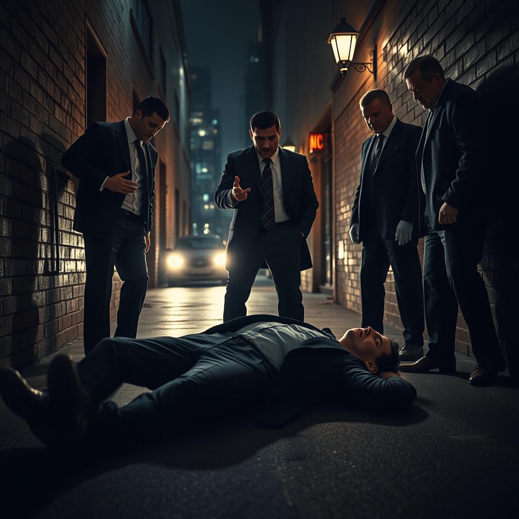 A dramatic scene depicting a man being confronted by a group of intimidating Mafia members in a dark alley
