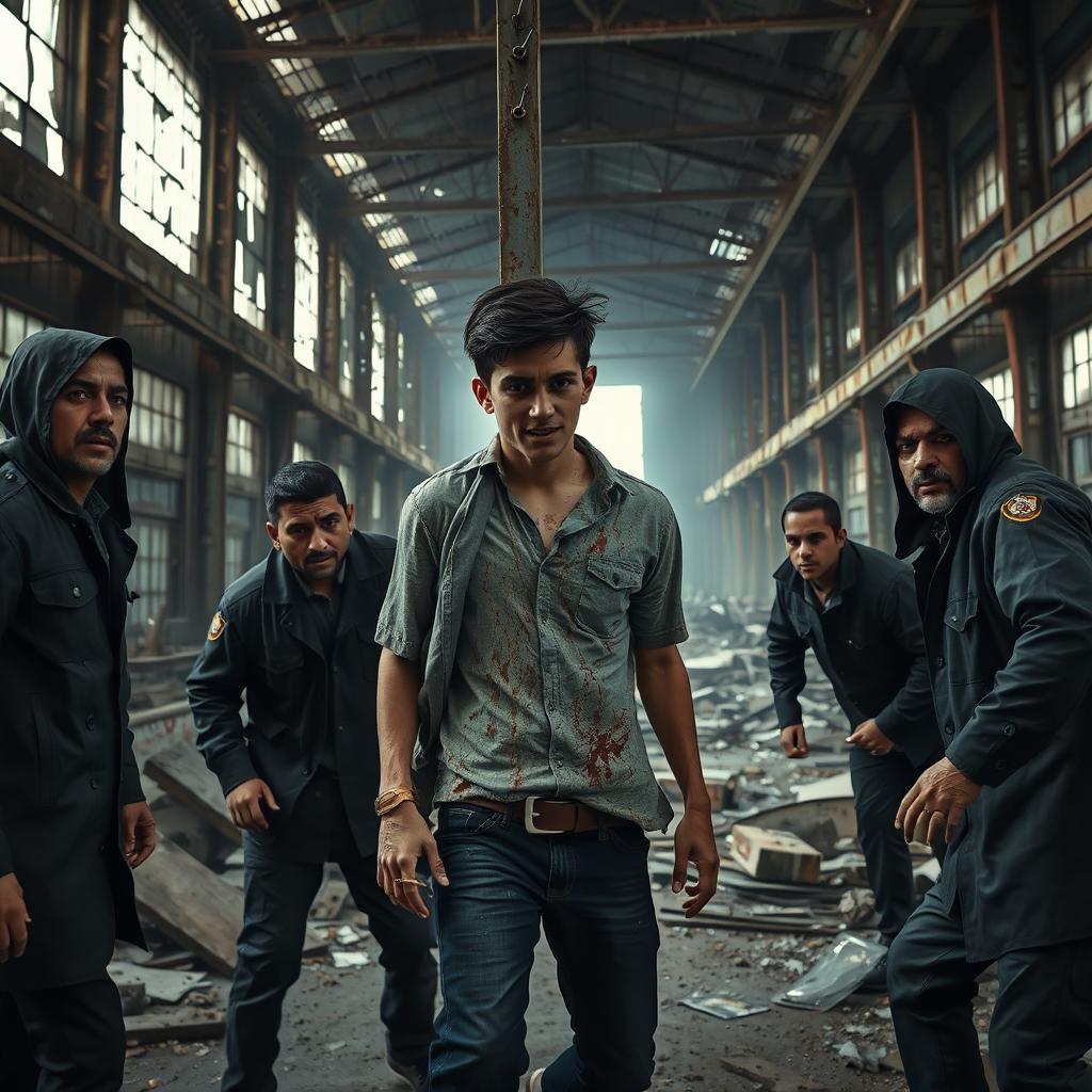 A tense and gritty scene depicting a young man being brutally assaulted by members of the Mexican mafia in a large, abandoned building filled with rusted metal structures