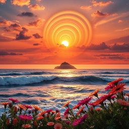 A visually captivating image illustrating the golden ratio in a natural setting, featuring a stunning sunset over a serene ocean