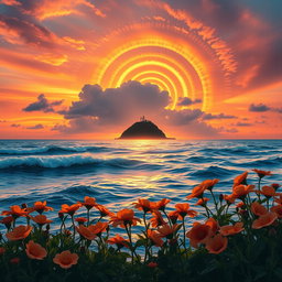 A visually captivating image illustrating the golden ratio in a natural setting, featuring a stunning sunset over a serene ocean