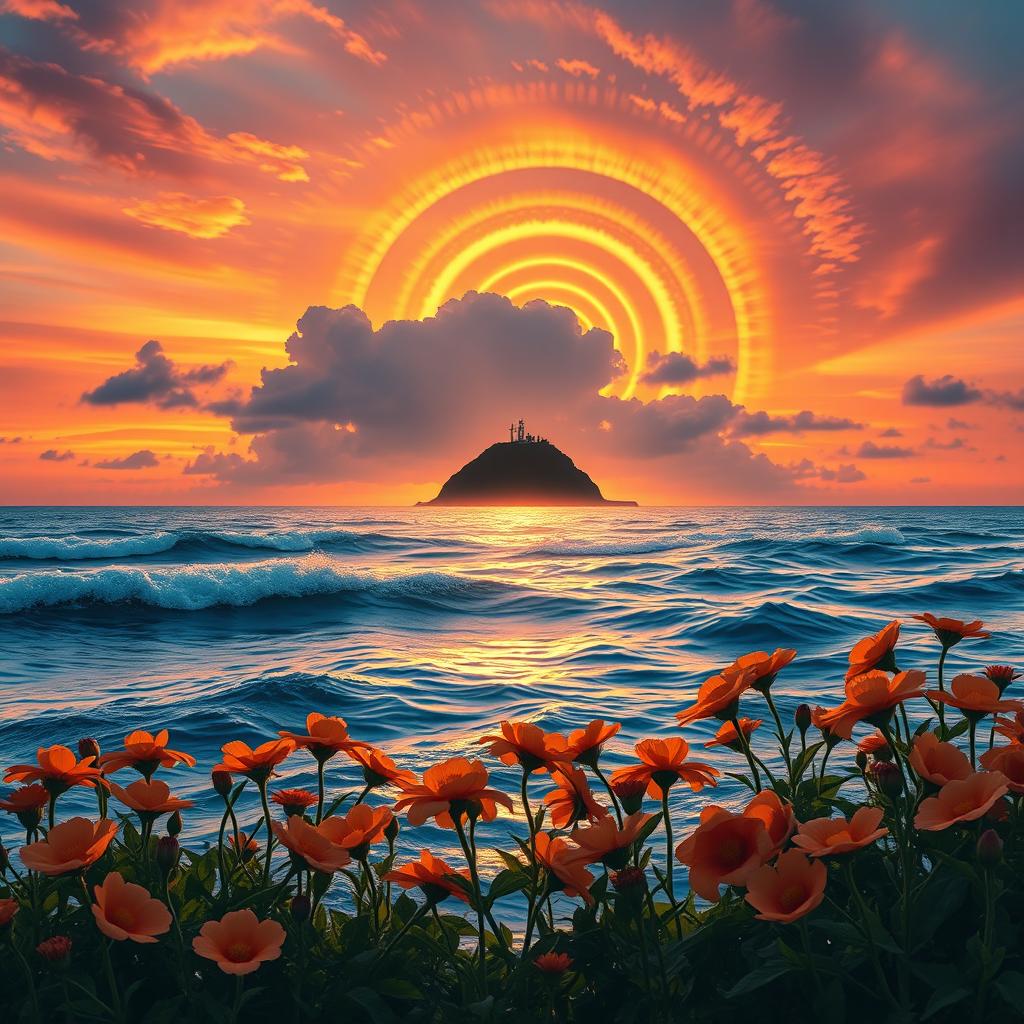 A visually captivating image illustrating the golden ratio in a natural setting, featuring a stunning sunset over a serene ocean