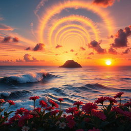 A visually captivating image illustrating the golden ratio in a natural setting, featuring a stunning sunset over a serene ocean