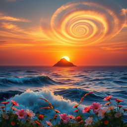 A visually captivating image illustrating the golden ratio in a natural setting, featuring a stunning sunset over a serene ocean