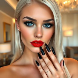 A close-up portrait of a beautiful young woman in a modern luxury hotel room