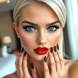 A close-up portrait of a beautiful young woman in a modern luxury hotel room
