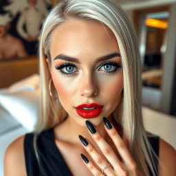 A close-up portrait of a beautiful young woman in a modern luxury hotel room