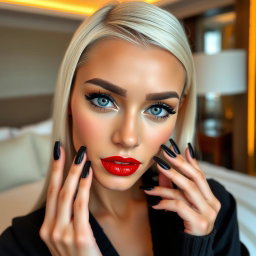 A close-up portrait of a beautiful young woman in a modern luxury hotel room