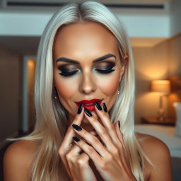 A close-up portrait of a stunning middle-aged woman gently closing her eyes with her fingers playfully touching her mouth in a modern luxury hotel room