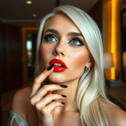 A close-up portrait of a stunning young woman looking upward with her fingers playfully touching her mouth in a modern luxury hotel room