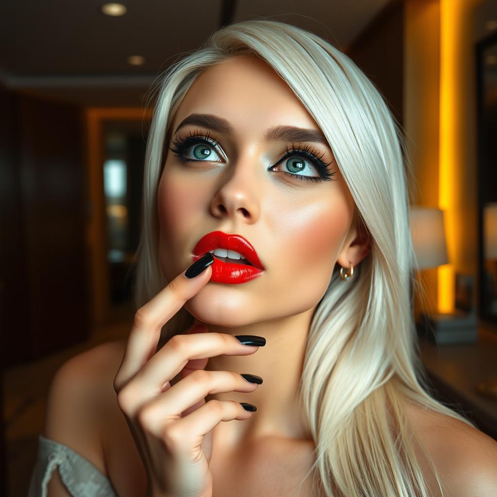 A close-up portrait of a stunning young woman looking upward with her fingers playfully touching her mouth in a modern luxury hotel room