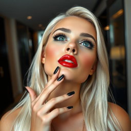 A close-up portrait of a stunning young woman looking upward with her fingers playfully touching her mouth in a modern luxury hotel room