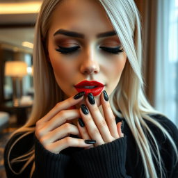 A close-up portrait of a stunning young woman looking downward with her fingers playfully touching her mouth in a modern luxury hotel room