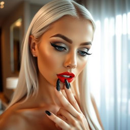 A close-up portrait of a stunning young woman looking downward with her fingers playfully touching her mouth in a modern luxury hotel room