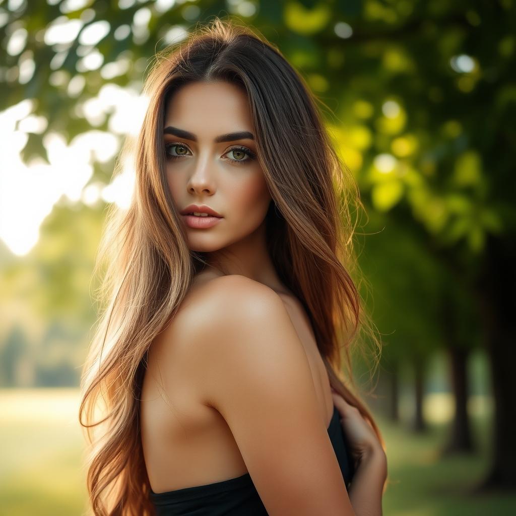 A beautiful woman posed gracefully, with a serene expression, in a soft, warm light