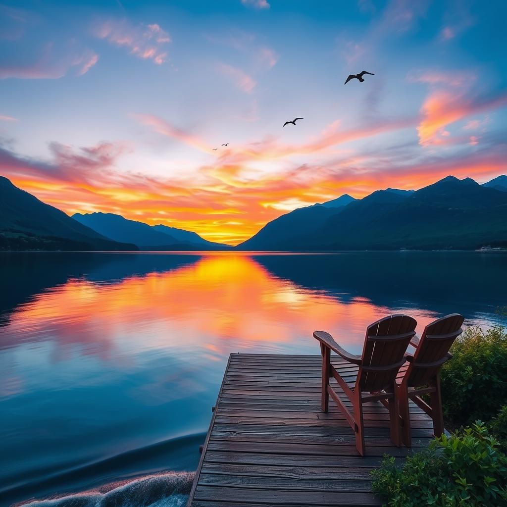 A beautiful sunset over a serene lake surrounded by majestic mountains