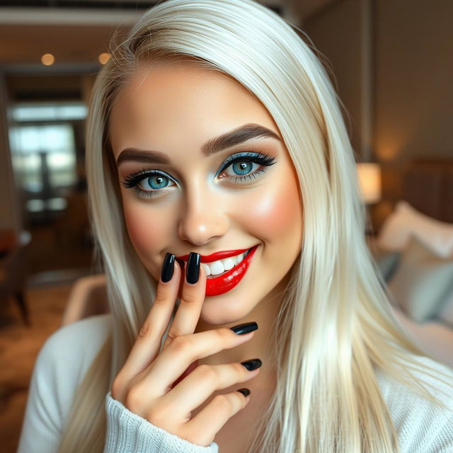 A close-up portrait of a stunning young woman looking directly at the camera with a charming smile, her fingers playfully touching her mouth in a modern luxury hotel room